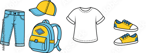 Casual fashion icon set with jeans, t-shirt, sneakers, cap, backpack, and accessories for student style, wardrobe planning, retail, and design illustrations