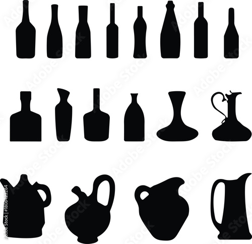 Bottle silhouettes, pitcher icons, black shapes, liquid containers, beverage vessels, design variety, minimal style, drinkware forms, kitchen decor, product concept