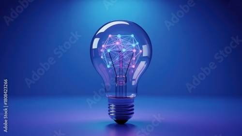Illuminated lightbulb with network inside on a blue background in a studio setting and soft lighting