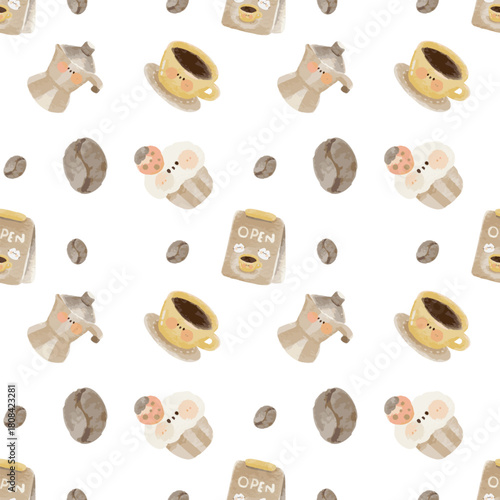 Watercolor cafe seamless pattern with coffee cup, Moka pot, and Open sign