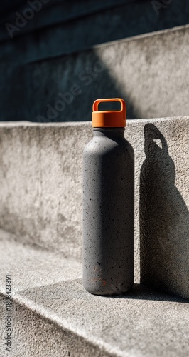 Gray speckled bottle on steps, orange lid, strong shadow cast
