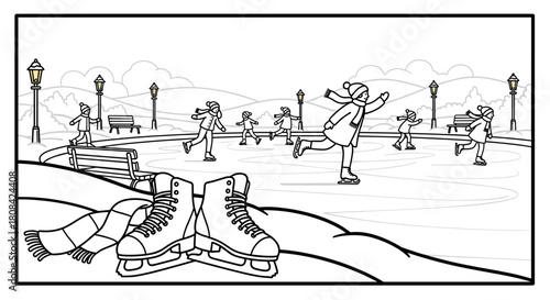 Ice skates on snow with skaters enjoying winter in park  