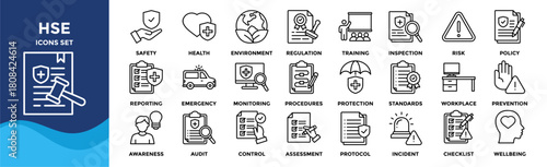 HSE icon collection set. Containing safety,health,environment,regulation,training,inspection,risk,policy,protocol,incident icon