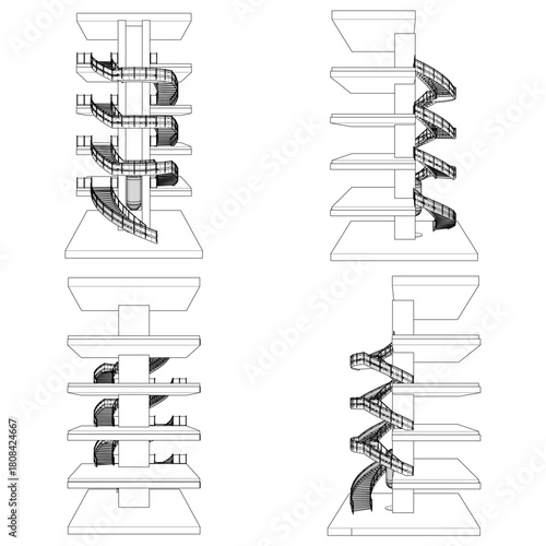 Spiral Staircases Vector. Illustration Of Circular Helical Stairs Isolated On White Background. 