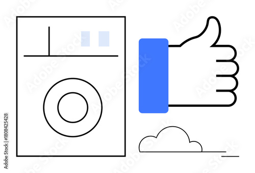 Social media concept. Social media elements ed by a thumbs-up symbol and technology-inspired graphic. Social media approval and interaction in a minimalist aesthetic. For branding, communication