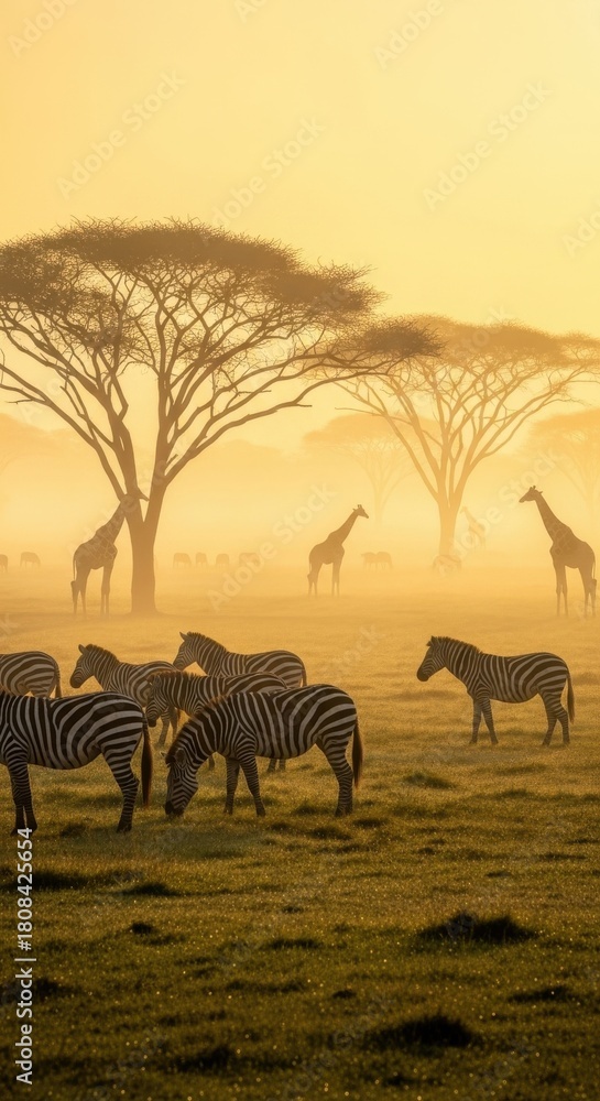 Naklejka premium Zebras and Giraffes in African Savannah at Sunrise Fog