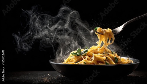 Steaming pasta on a fork, above a black bowl