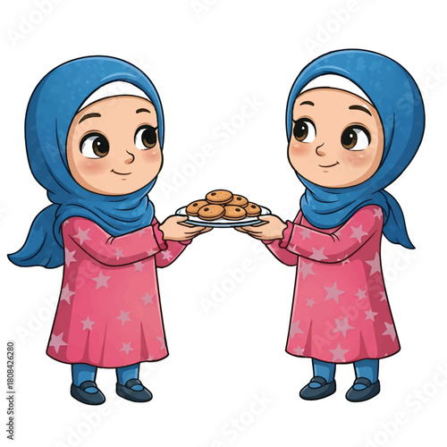 Cute Muslim Twin Girls Sharing Cookies (Kue Kering) for Eid / Ramadan