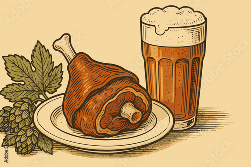 Roast meat and pint of beer with hops on beige background  