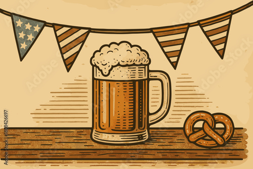 Vintage beer mug with pretzel and festive bunting background  