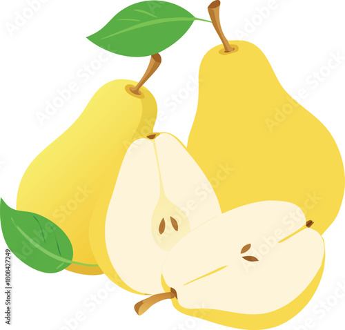 A still life composition featuring ripe yellow pears and a single green