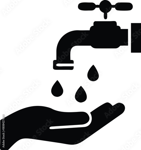 A simple black and white graphic depicting water dripping into a hand