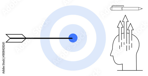 Target achievement. An arrow hitting the bullseye signifies precision and focus, while a brain with upward arrows s mental growth. Target achievement in goals, leadership, education, strategy