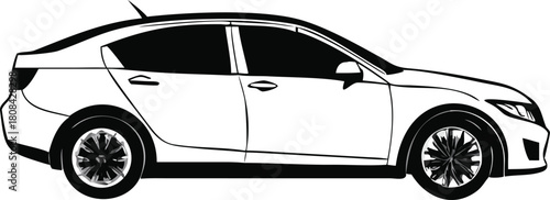 A sleek black and white illustration of a modern sedan car side