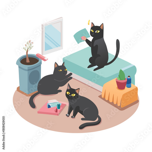 Whimsical Black Cats Doing Human-like Daily Chores and Relaxing at Home. Funny Pet Lifestyle Illustration for Web Design.
