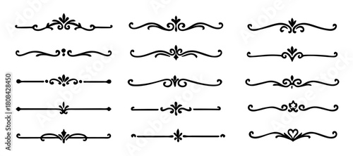 A set of ornate flourish dividers in elegant black design. Decorative elements for design, invitation, frame, menu, wedding, and decoration.