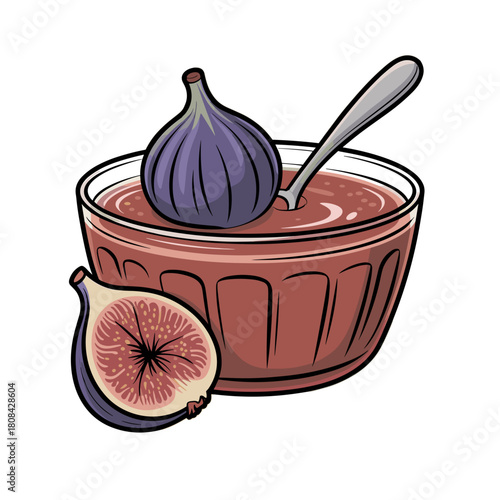Fig jam in glass bowl with whole and sliced fig beside spoon  