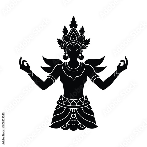 Ancient spirit silhouette with elaborate crown and graceful pose isolated on white background