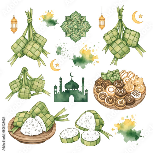 Eid al-Fitr (Lebaran) Festival Element Set with Ketupat, Mosque, and Lanterns