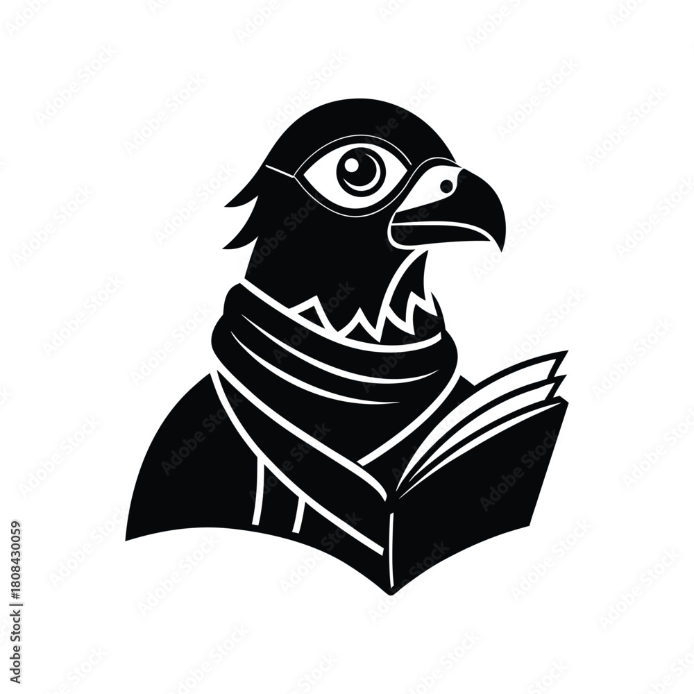 Obraz premium Falcon head wearing scarf reading book, stylized black icon logo isolated on white background