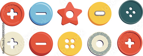 Colorful cartoon button set, playful sewing accessories, whimsical shapes and hole patterns, fashion design elements, vector illustration for crafts and apparel