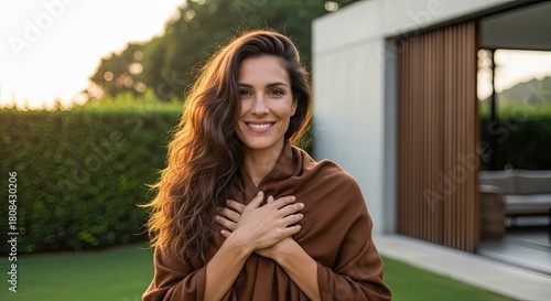 Woman Embraces Herself with Gratitude in Warm Sunset Light Outdoors