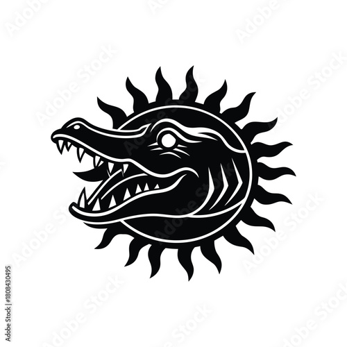 Stylized crocodile head with sun rays emblem tribal design vector isolated on white background