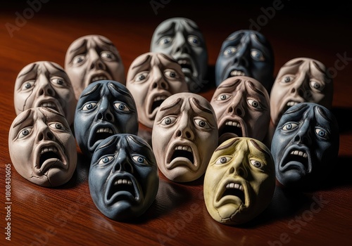 A collection of small, sculpted faces expressing intense fear and agony, arranged on a wooden surface.