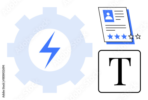 Gear with a lightning bolt symbolizing energy, resume with star ratings indicating evaluation, and T icon for text emphasize productivity, evaluation, and communication. Ideal for workflow