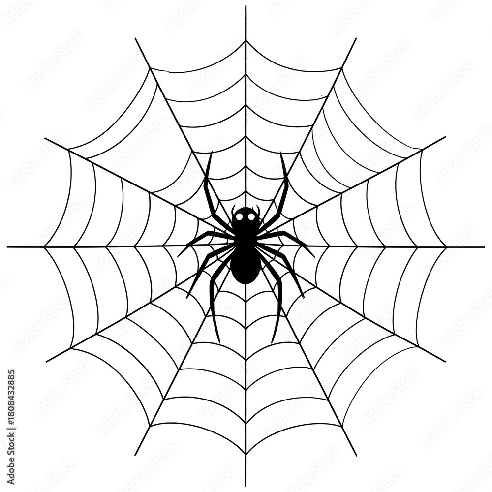 Fototapeta premium Black silhouette of a spider centered in its web, set against a white background, suggesting a Halloween theme. The graphic is clean and simple