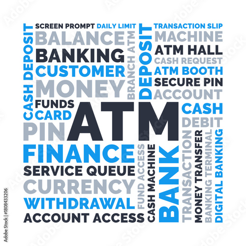 ATM Square Word Cloud, Banking Financial machine and service transaction terms