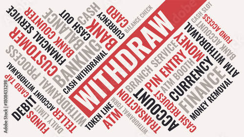 Bank Withdrawal Word Cloud, Financial Banking cash service and withdrawal terms