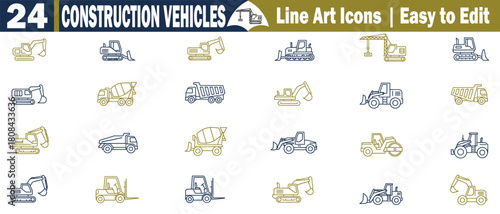 Collection of 24 Construction Vehicle Line Art Icons: Excavator, Bulldozer, Truck, Crane, Roller, Loader, Forklift Set on Transparent Background.