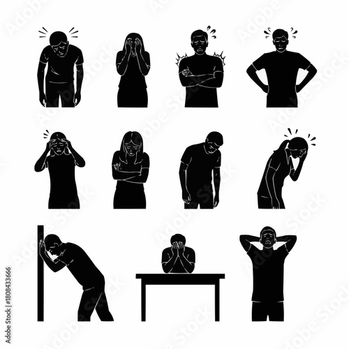 Set of black silhouettes showing people with negative emotions and stress.