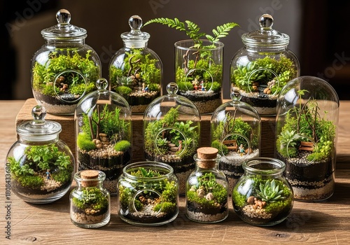 A collection of diverse glass terrariums showcasing miniature ecosystems with moss and small plants on a wooden surface, creating a serene botanical display.