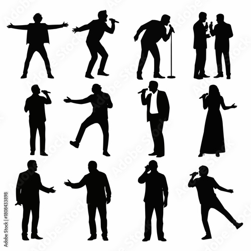 Silhouettes of people singing and performing on stage with microphones.