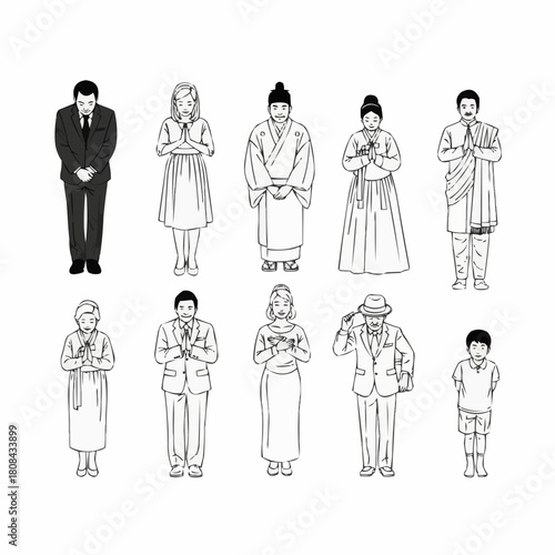 Diverse group of people in traditional and modern attire bowing respectfully.
