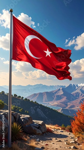 A vibrant Turkish flag ripples atop a pole against a mountainous landscape and blue sky, with some fall foliage