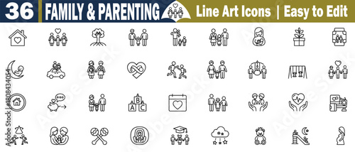 Family and Parenting Line Art Icons Set: Home, Couple, Tree, Kids, Parent, Baby, Moon, Car, Love, Heart, Swing, Toys, Education, Family Car, Graduation, and more vector illustrations. 