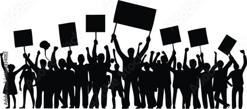 A group of people raising their hands and holding protest signs together