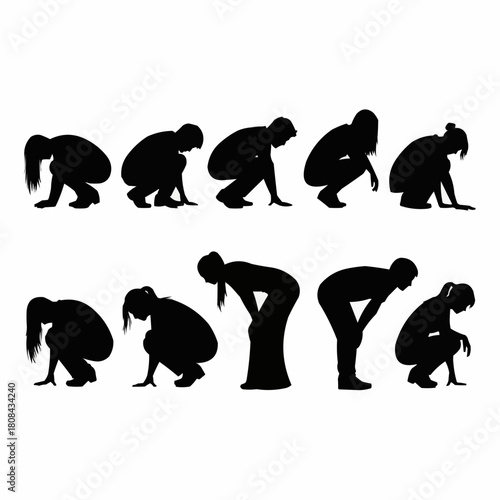 Diverse collection of female silhouettes in various bending and squatting poses.