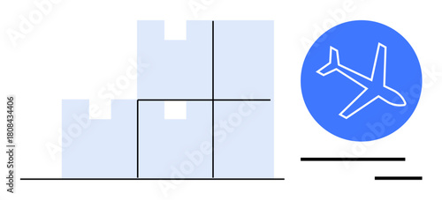 Stacked packages next to a blue airplane icon indicating air cargo, transportation, delivery, shipping. Ideal for logistics, e-commerce, supply chain, global trade export business. Simple flat
