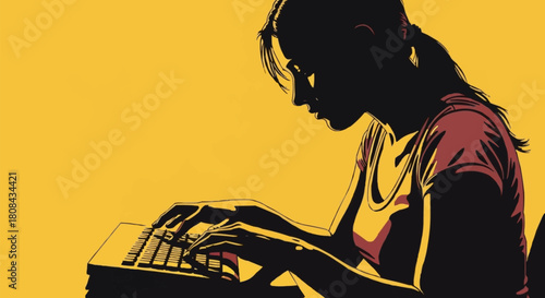 Silhouette of a woman typing on a keyboard, focused and determined.