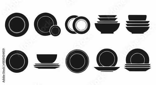 Set of black silhouette plates and bowls icons for kitchenware.