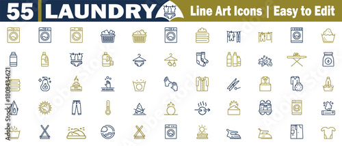 Laundry Line Art Icons. Editable Set, Washing Machine, Detergent, Clothes, Basket, Clothesline, Hanger, Socks, Iron, Clothes, and Cleaning Service vector illustration. 