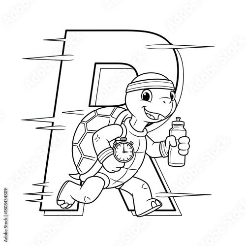 Running turtle coloring page. Sporty alphabet illustration. Fast cartoon tortoise mascot with a headband and stopwatch running past a kinetic-style letter R. Fun coloring sheet for kids.