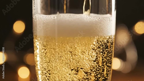 Pouring a Glass of Sparkling Golden Beer Close Up with Bokeh Background.