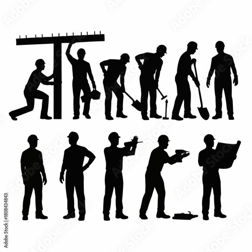 Silhouettes of various construction workers performing different tasks on a white background.