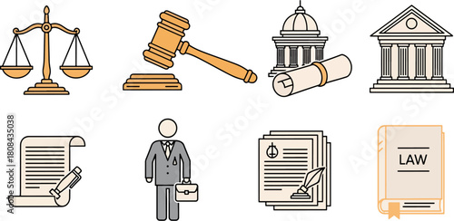 Collection of legal and justice system icons in flat design
