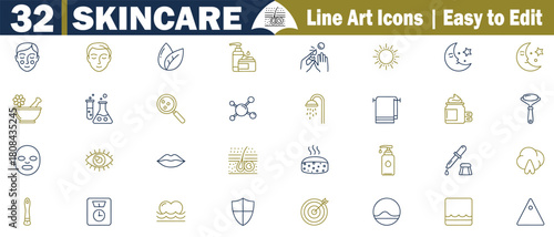 Skincare Icons Vector Set. Collection Simple Line Art Pictogram, Beauty, Cosmetic, Wellness, Spa, Hygiene, Facial, Treatment, Natural, Ingredient, Healthy, Nourishing, Anti-Aging illustration. 